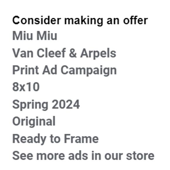 Miu Miuand Van Cleef Arpels Print Ad Campaign Spring 2024 8x10 Ready to Frame - Picture 2 of 5